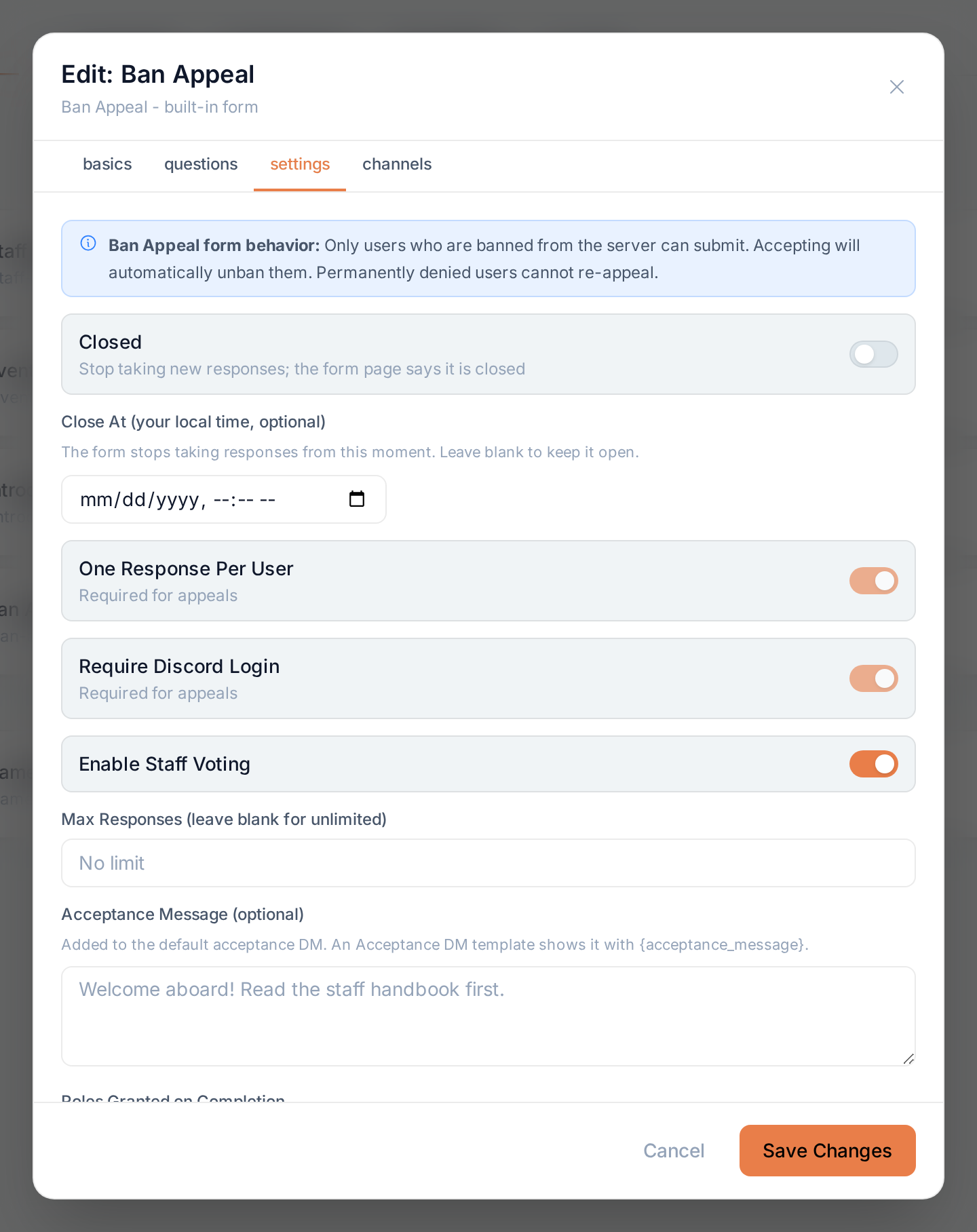 The settings tab of the ban appeal form, with its locked settings