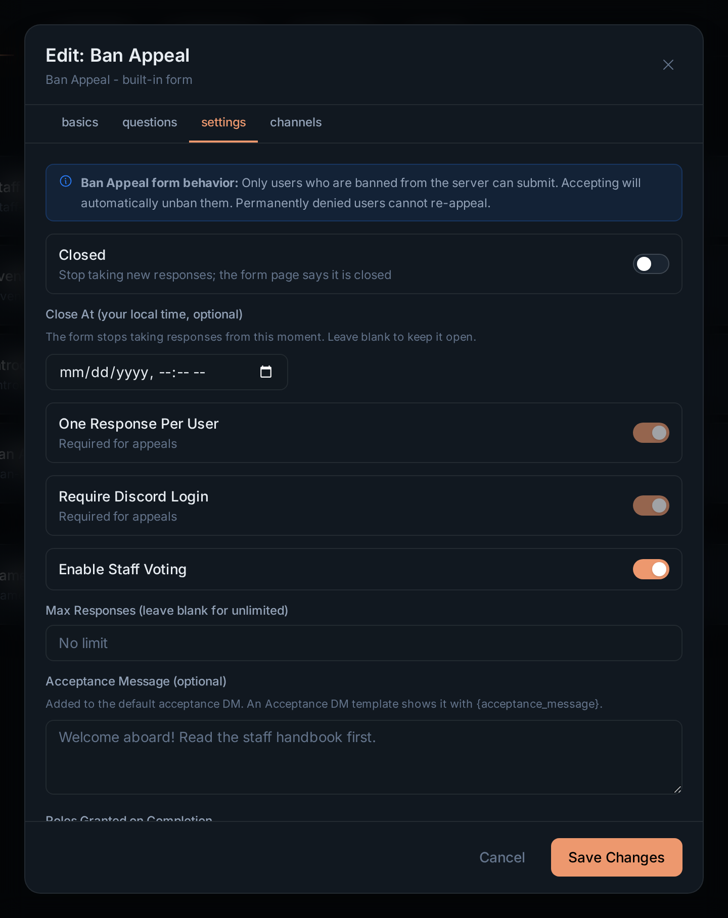 The settings tab of the ban appeal form, with its locked settings