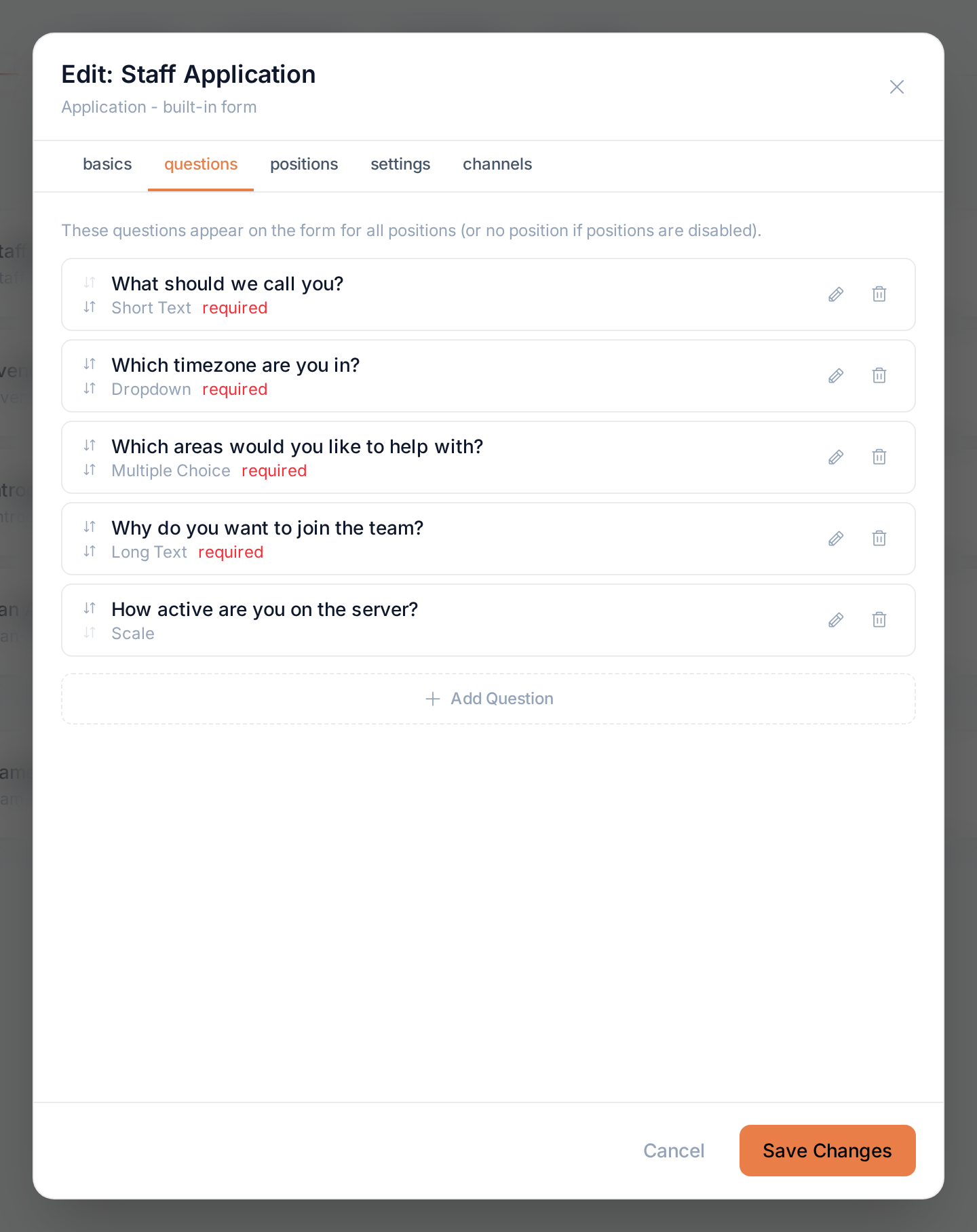 The questions tab of the staff application, listing questions of several types
