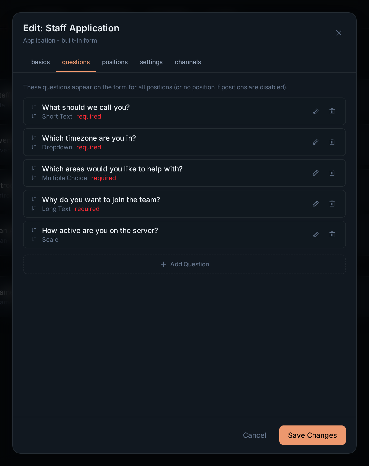 The questions tab of the staff application, listing questions of several types