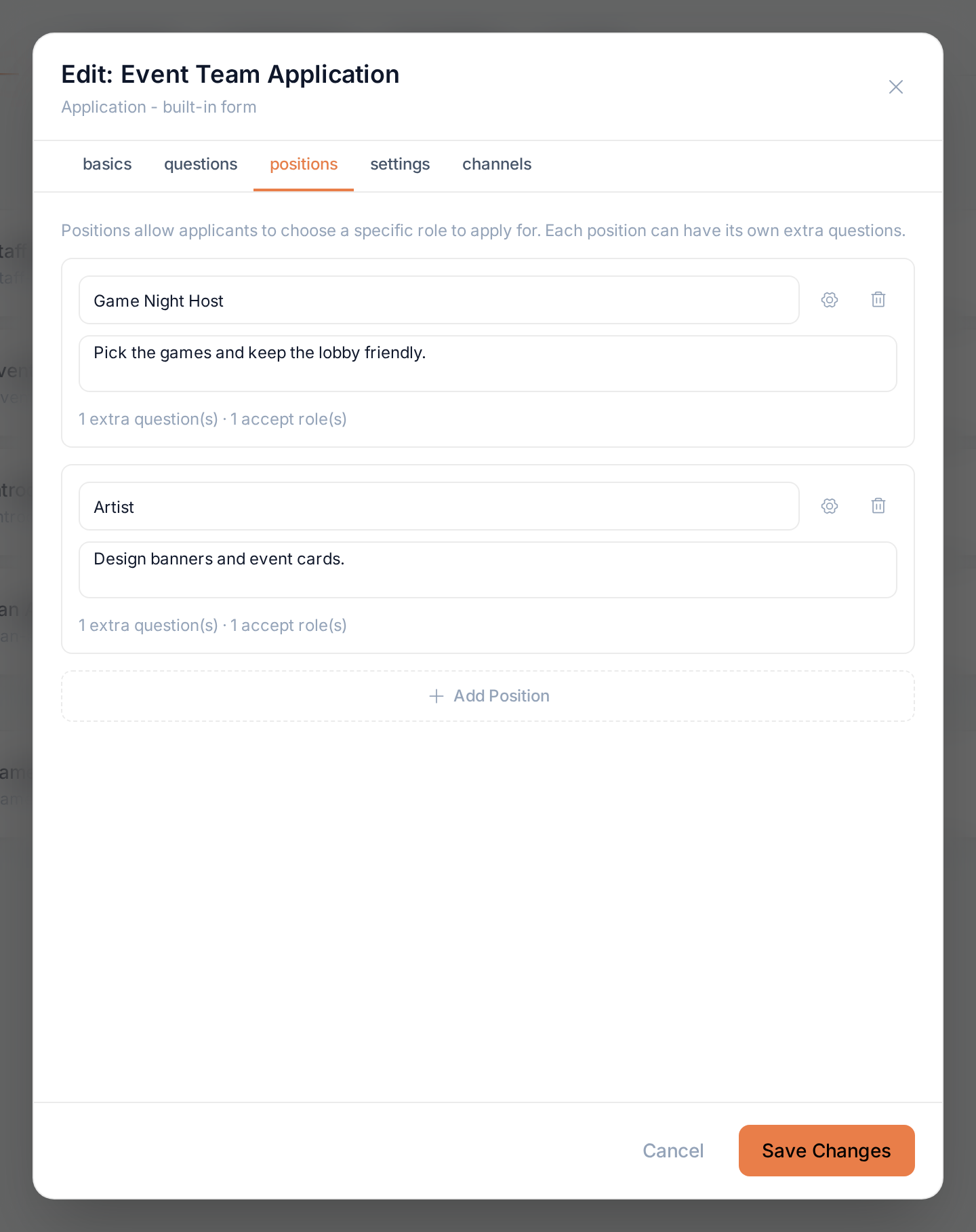 The positions tab with two positions, each with one extra question and one accept role