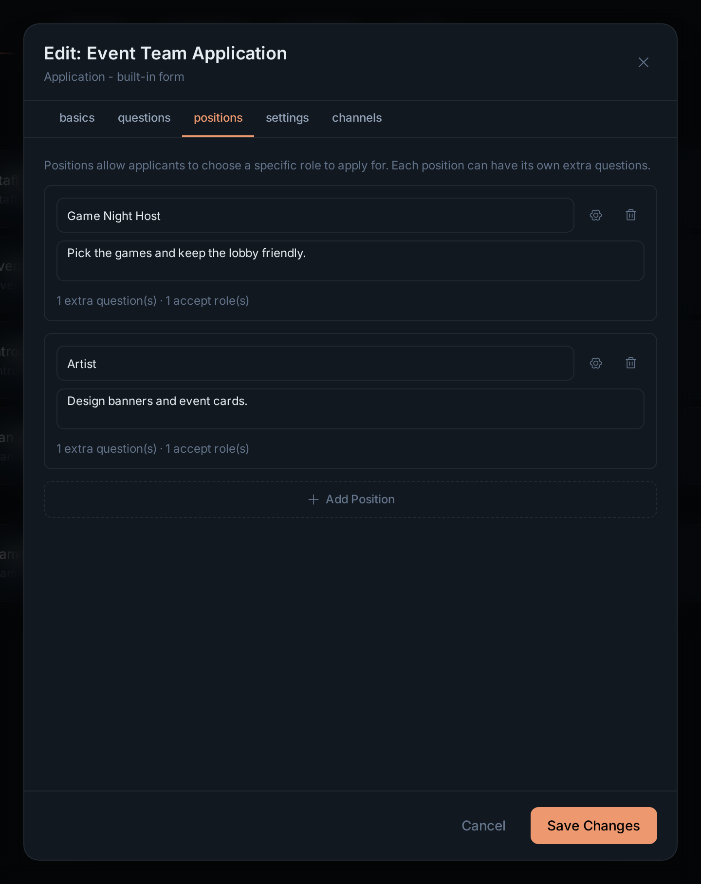 The positions tab with two positions, each with one extra question and one accept role