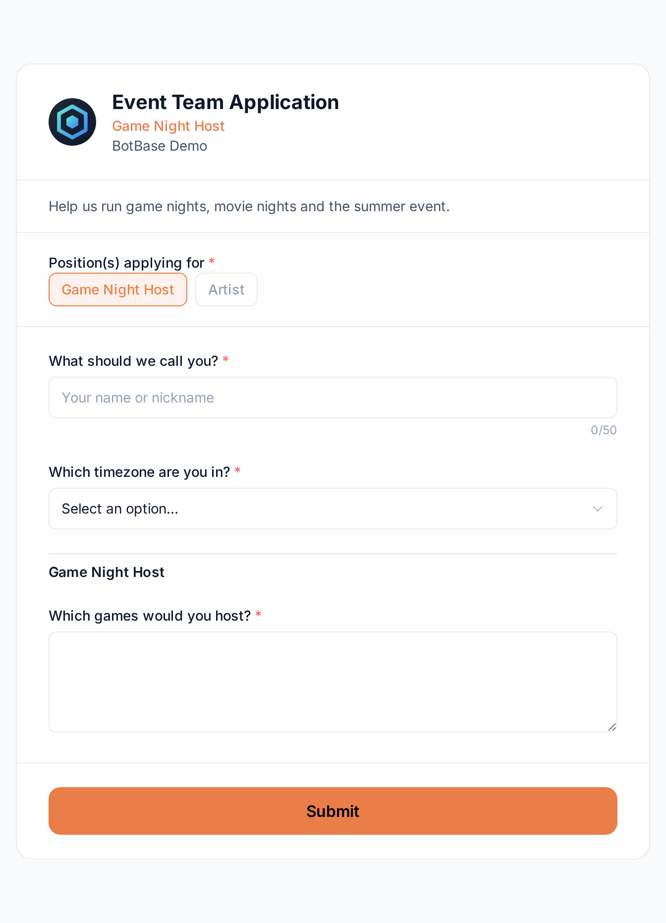 The Event Team Application page with the Game Night Host position picked and its extra question shown