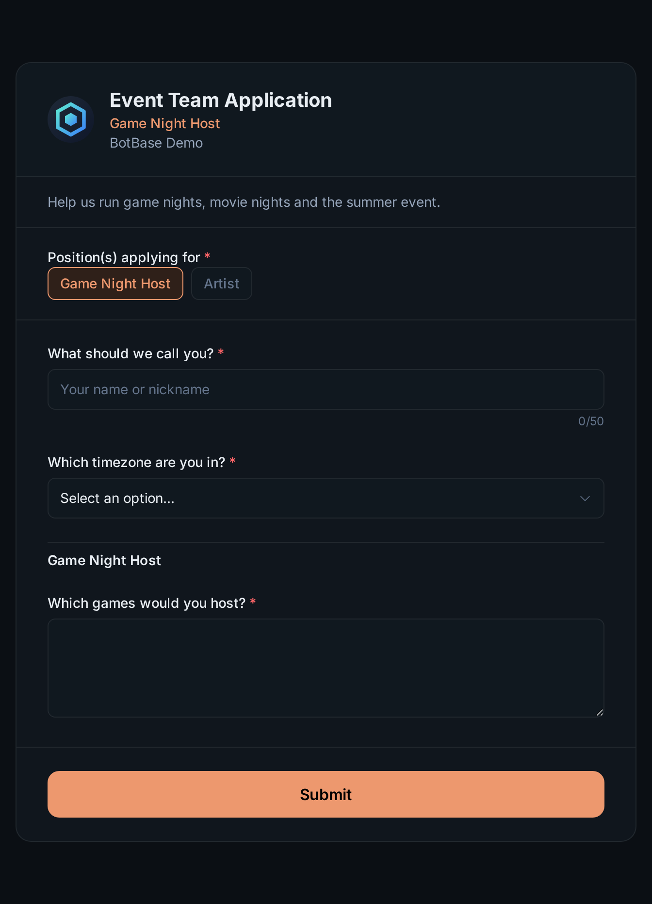 The Event Team Application page with the Game Night Host position picked and its extra question shown
