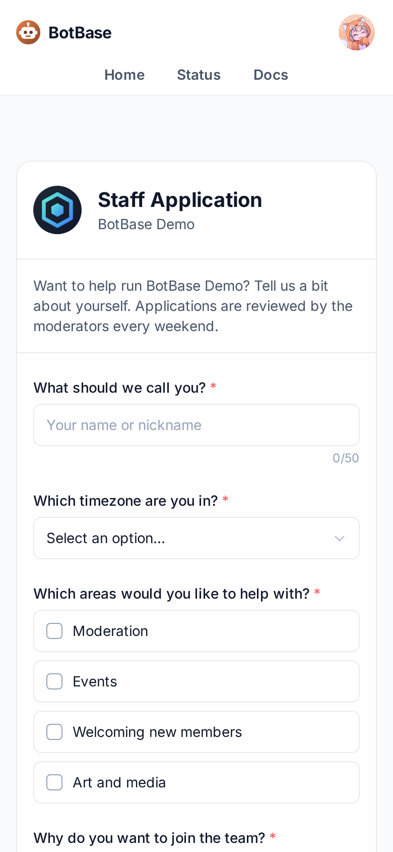 The staff application form page on a phone