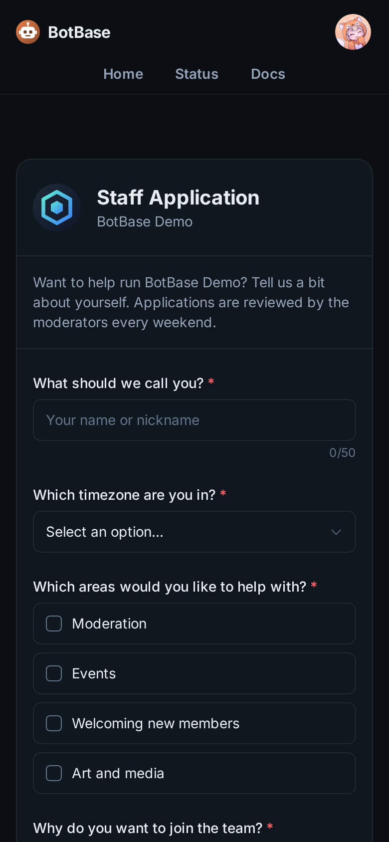 The staff application form page on a phone