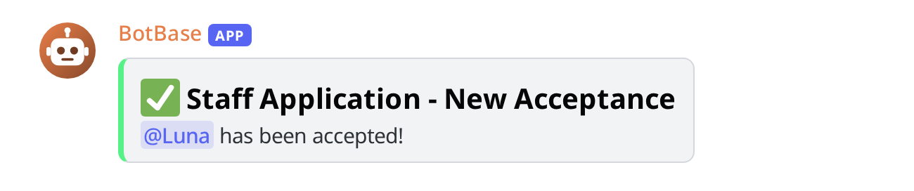An announcement that Luna's application was accepted