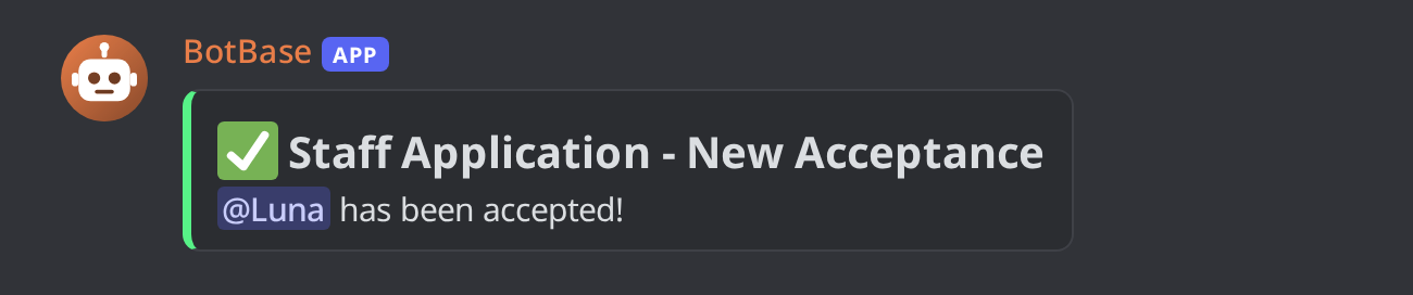 An announcement that Luna's application was accepted