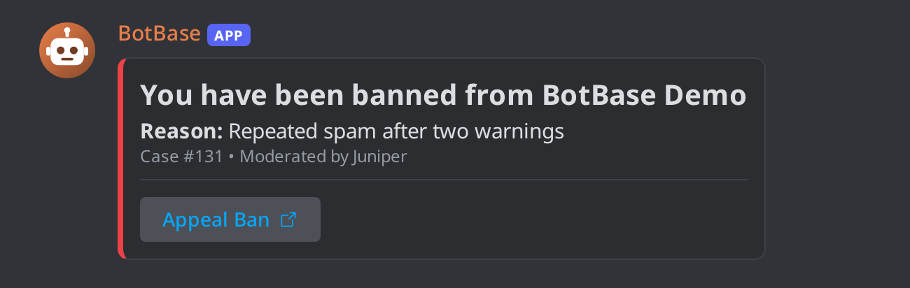 A ban DM with the reason, the case number and an appeal button