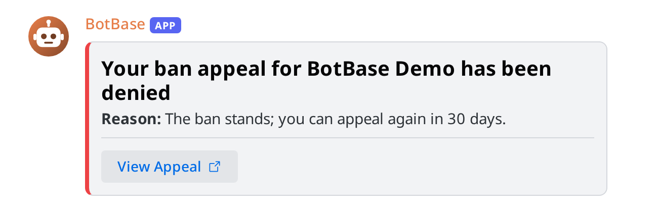 The Appeal Denial DM template: the denial and its reason, with a View Appeal button