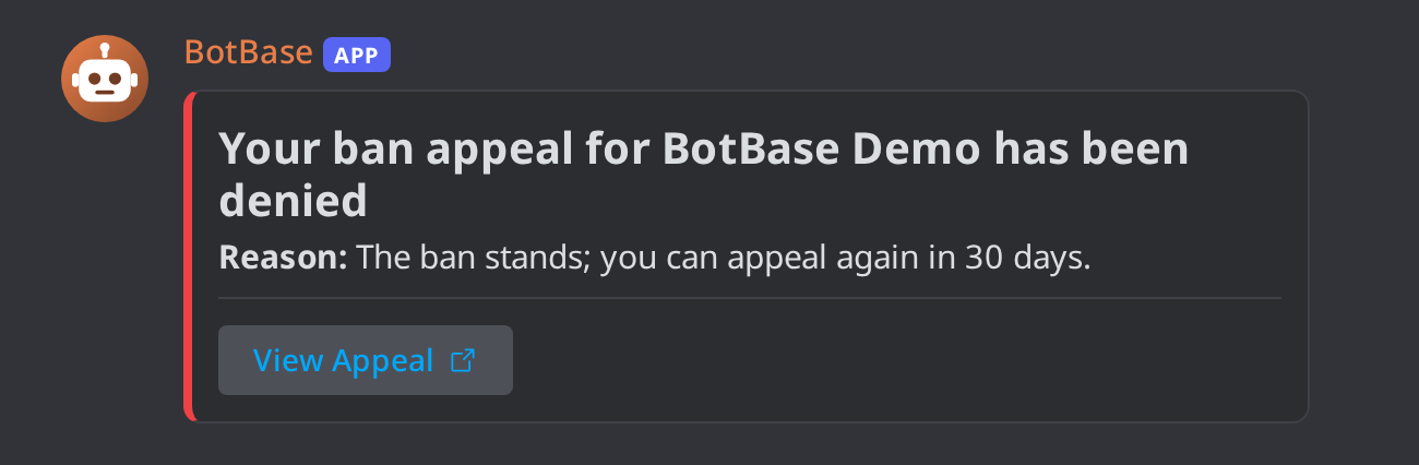 The Appeal Denial DM template: the denial and its reason, with a View Appeal button