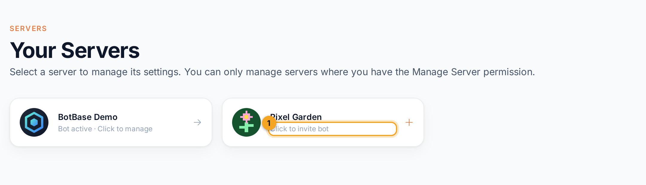The Your Servers page with an active server and one to invite