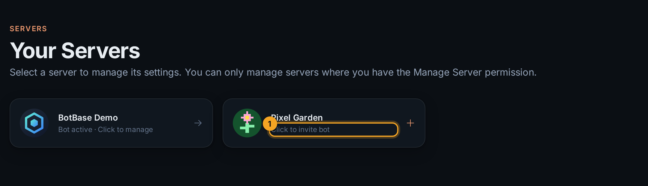 The Your Servers page with an active server and one to invite