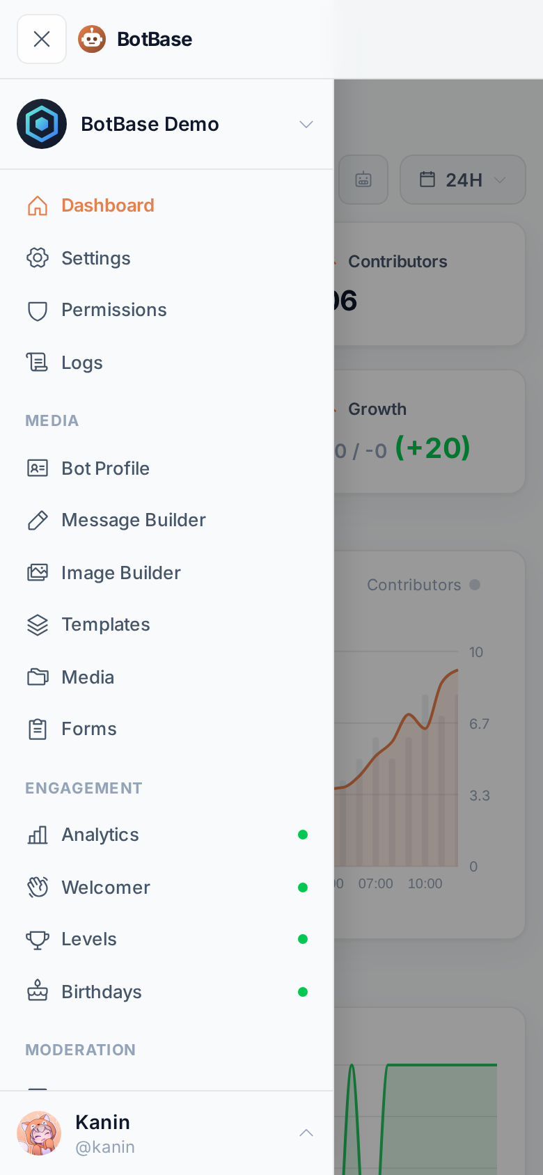 The dashboard on a phone with the sidebar open