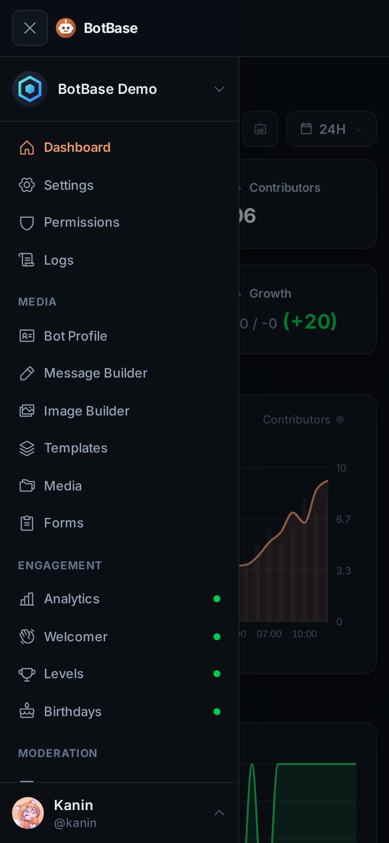 The dashboard on a phone with the sidebar open
