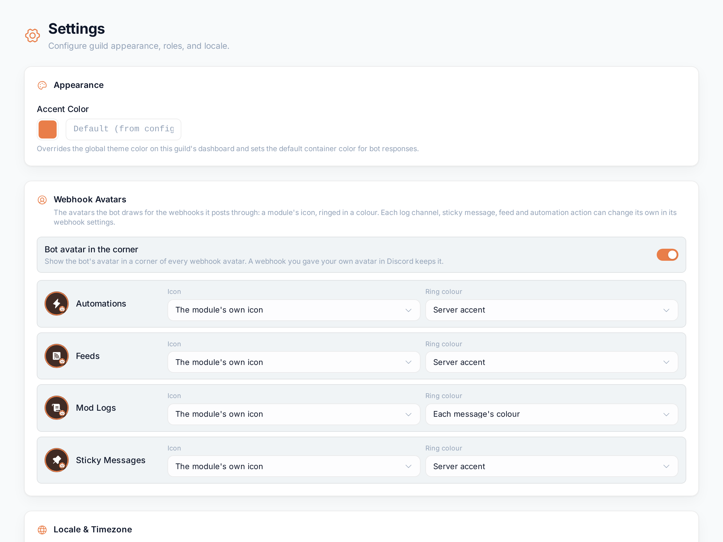 The Settings page of a configured server