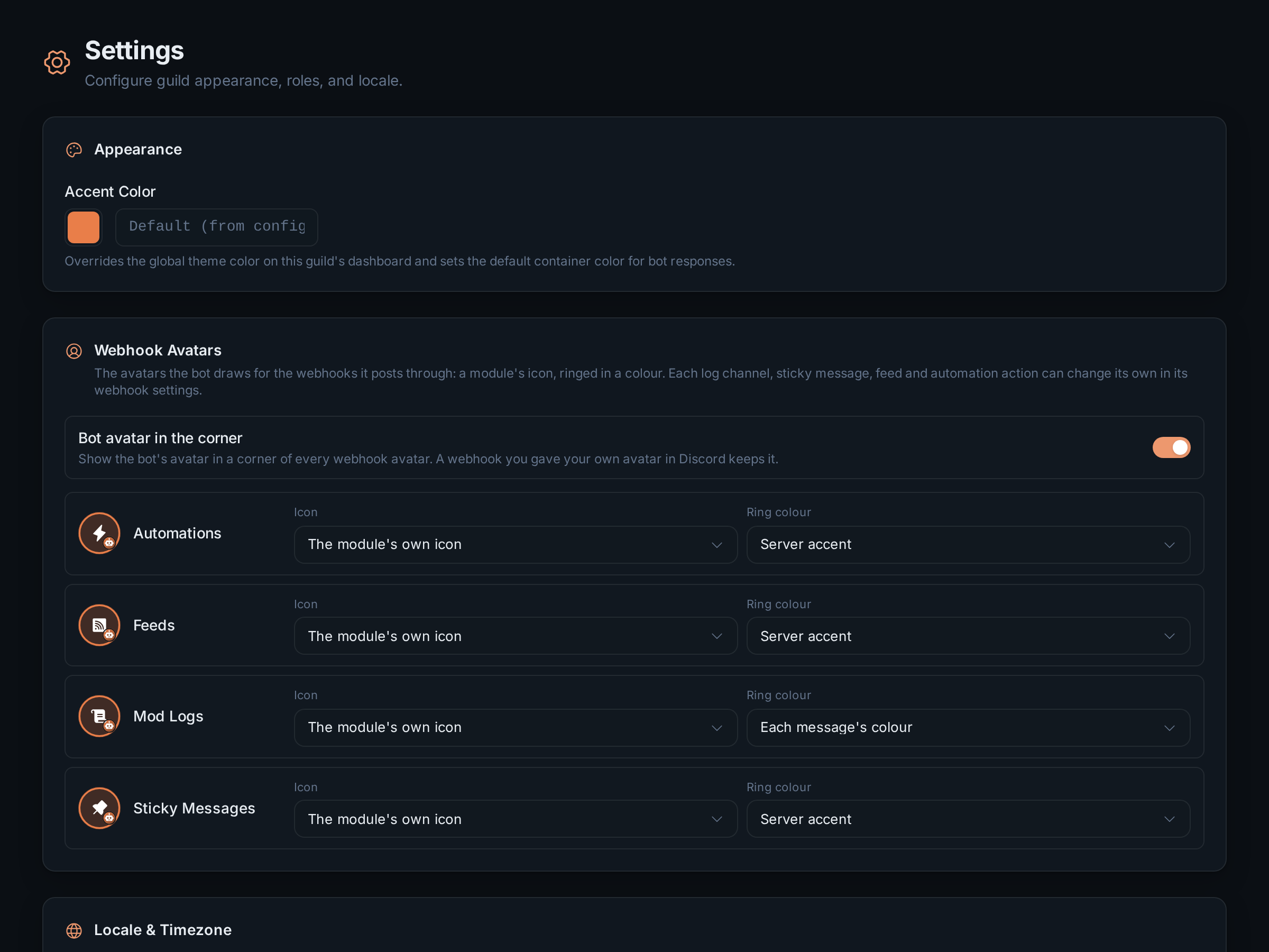 The Settings page of a configured server