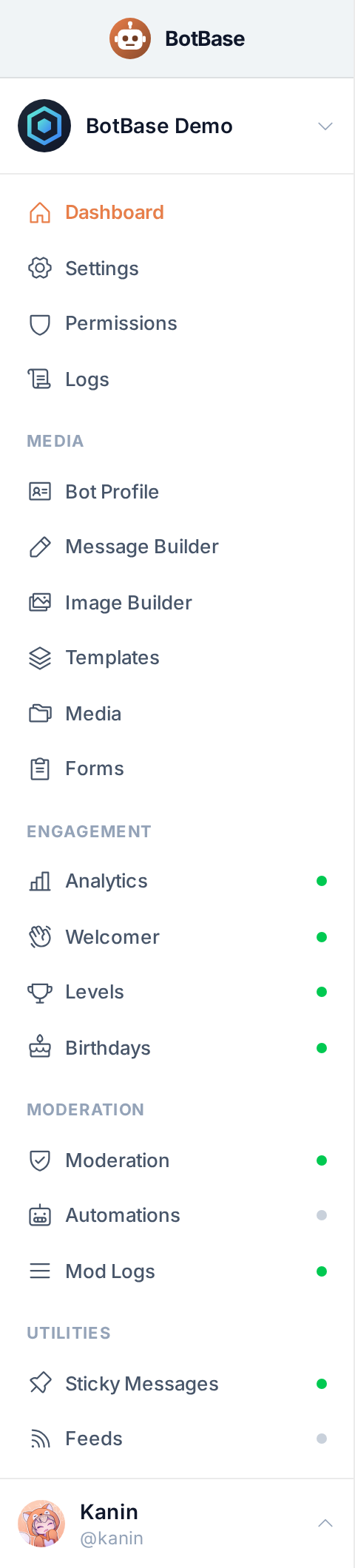 The dashboard sidebar with every group