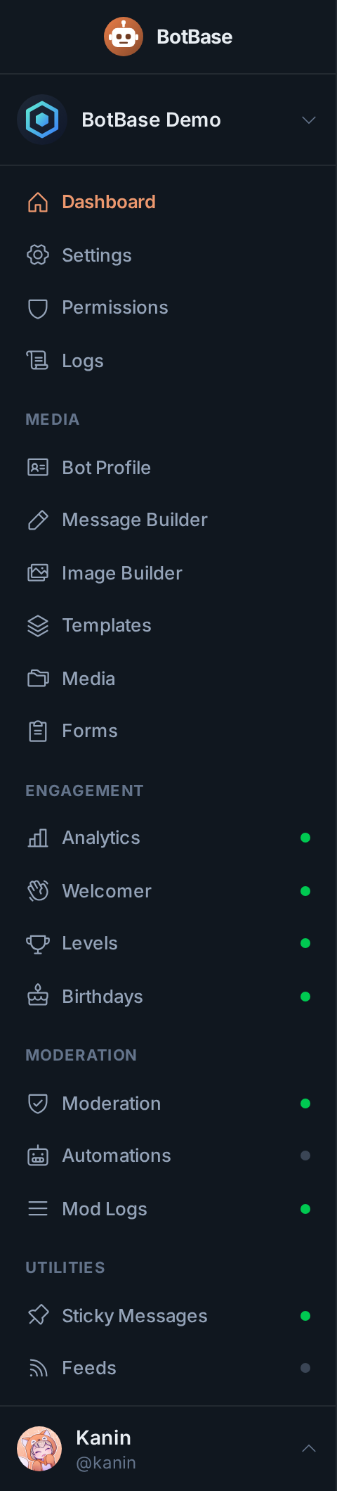 The dashboard sidebar with every group
