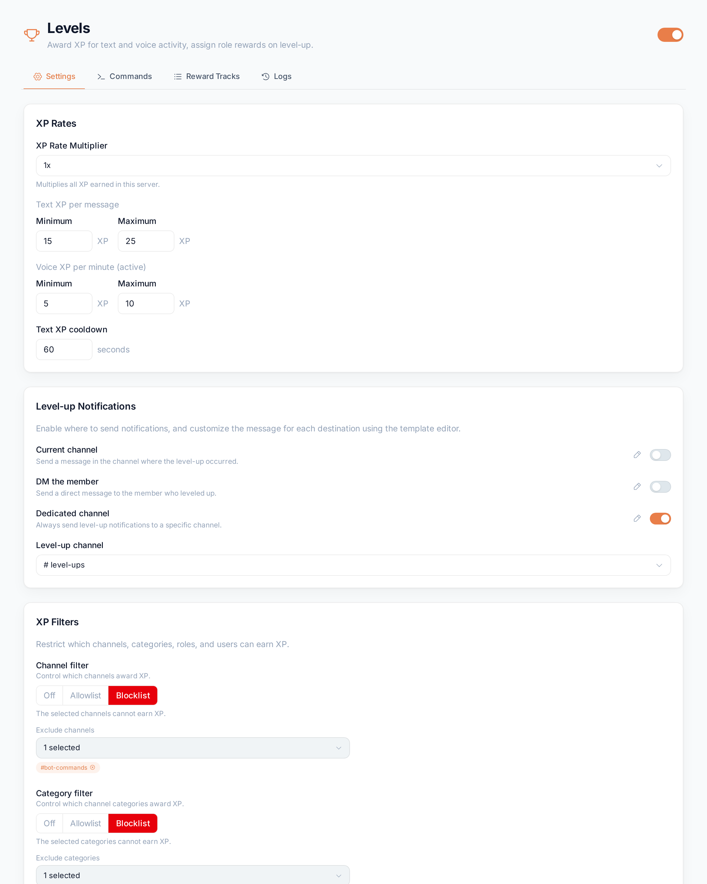 The Levels settings tab
