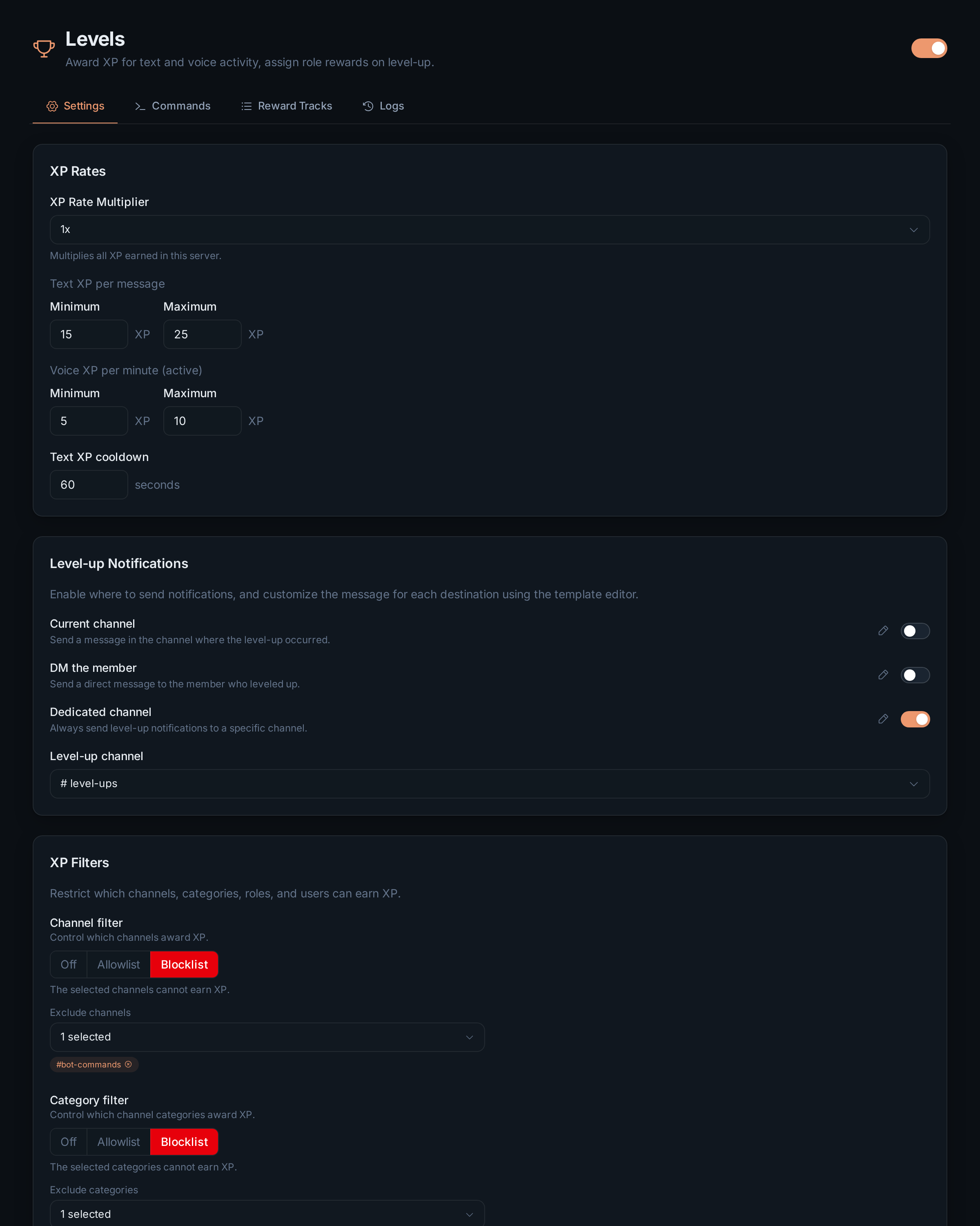The Levels settings tab