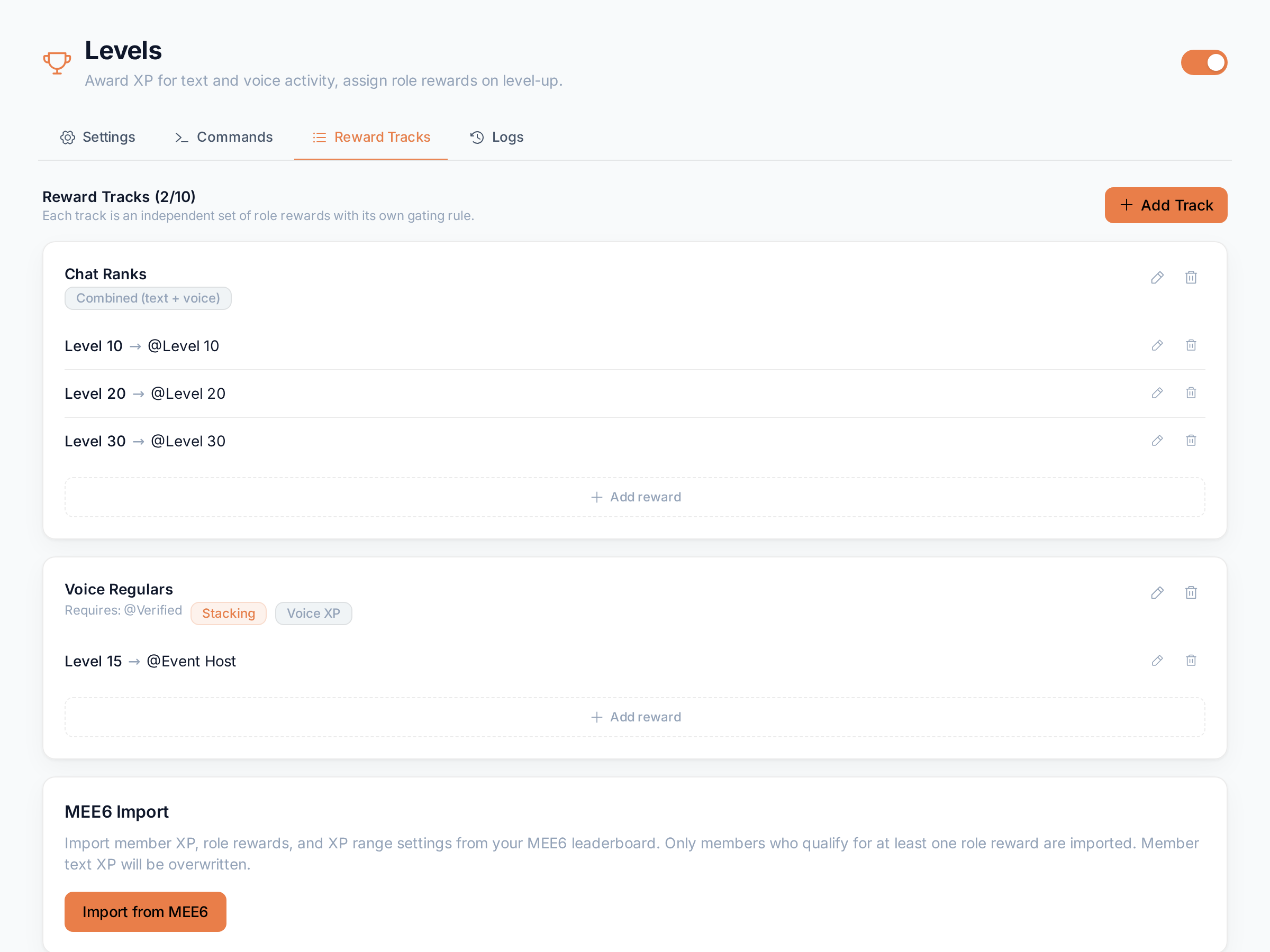 Two reward tracks and the MEE6 import section