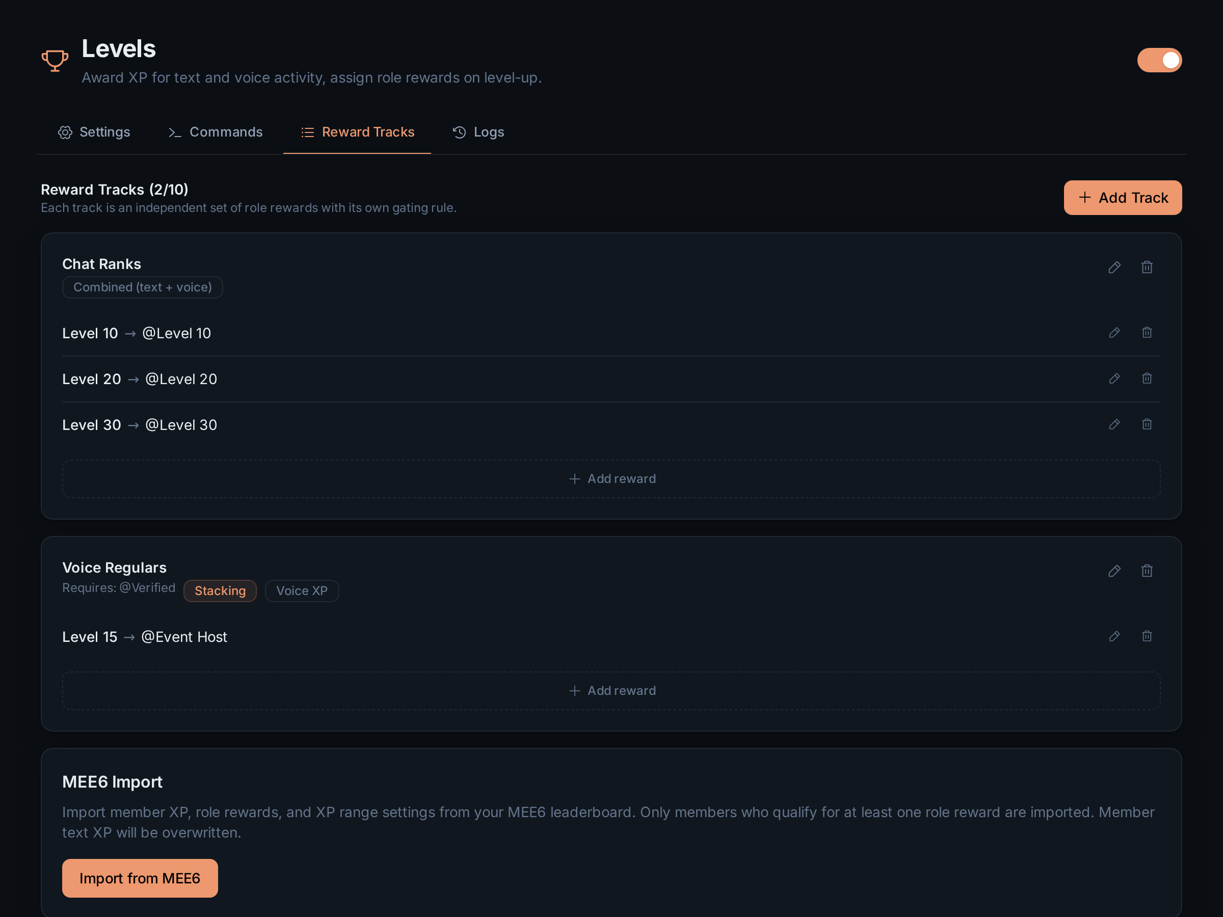 Two reward tracks and the MEE6 import section