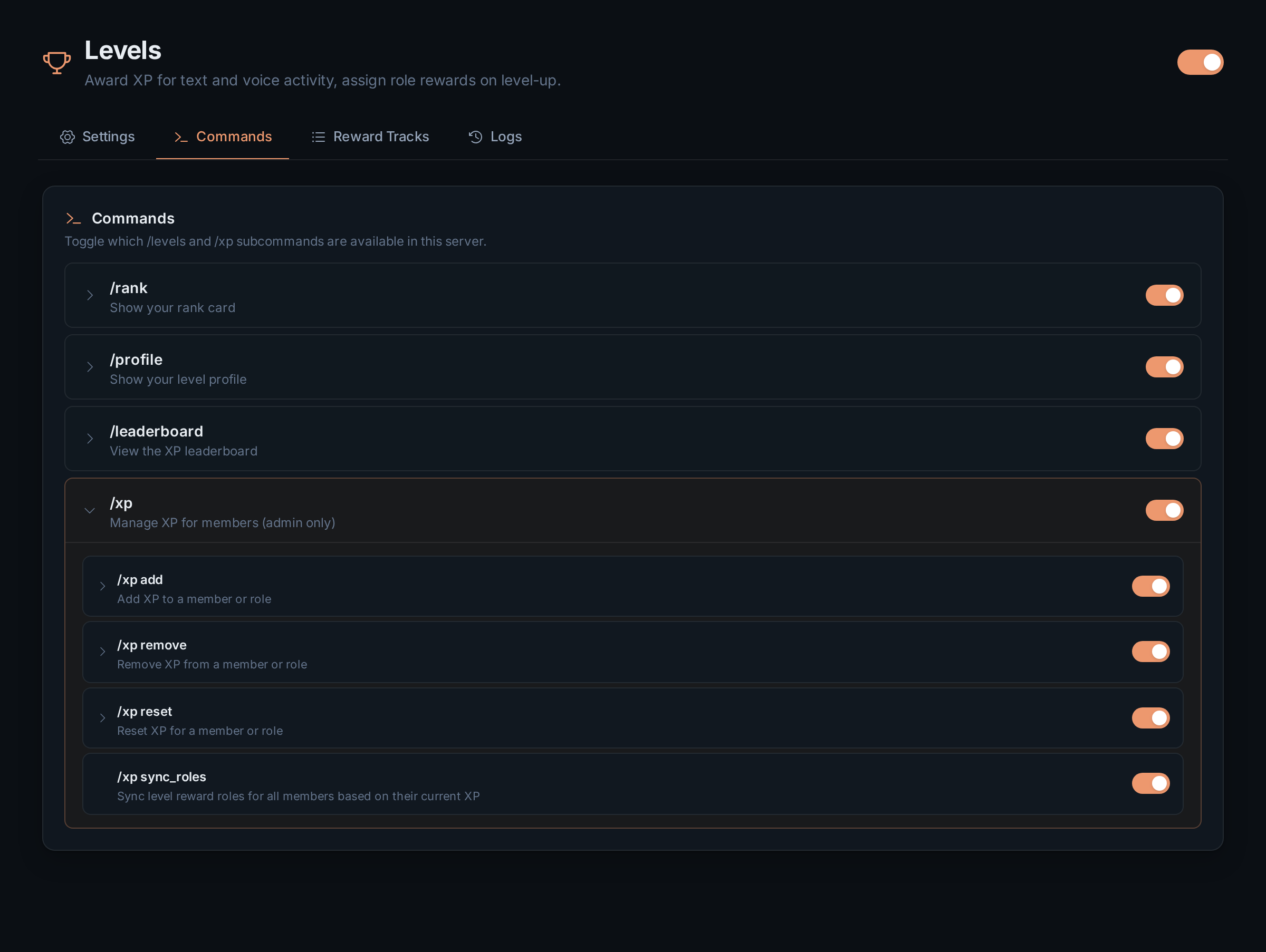 The Commands tab with the /xp group open
