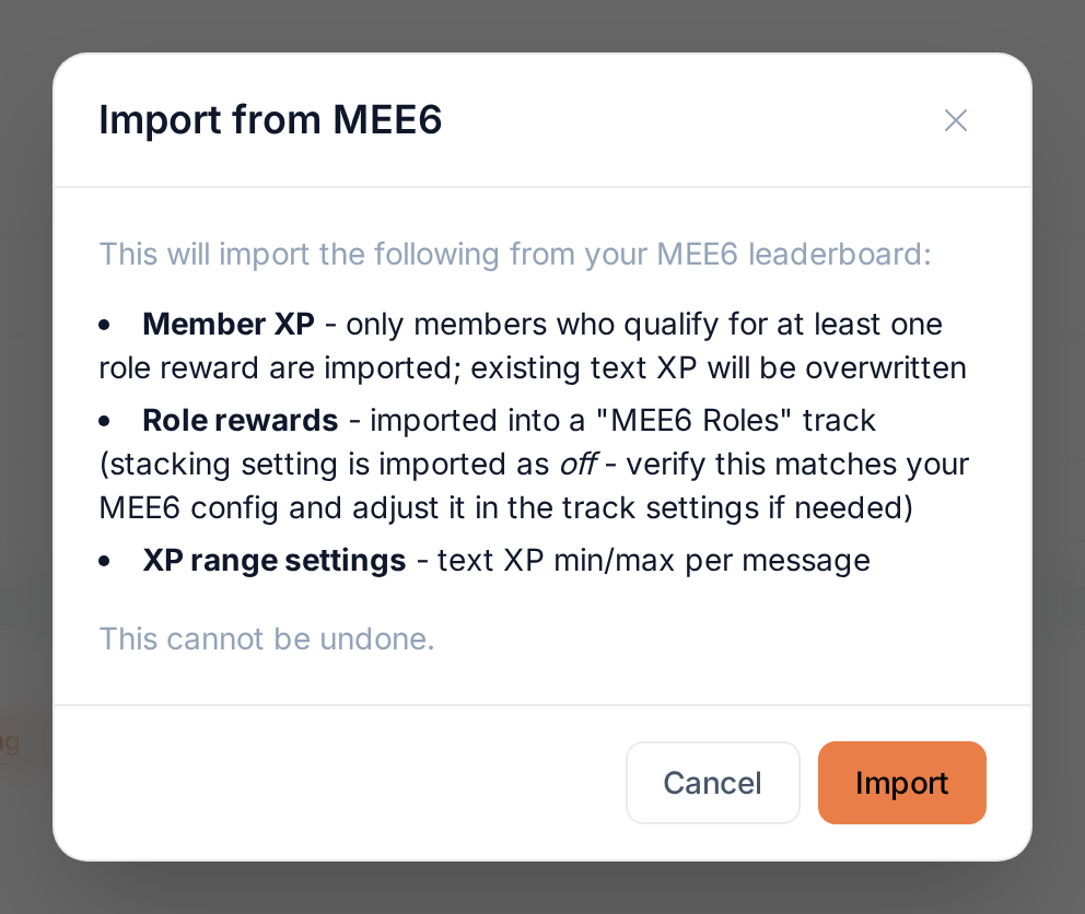The MEE6 import confirmation