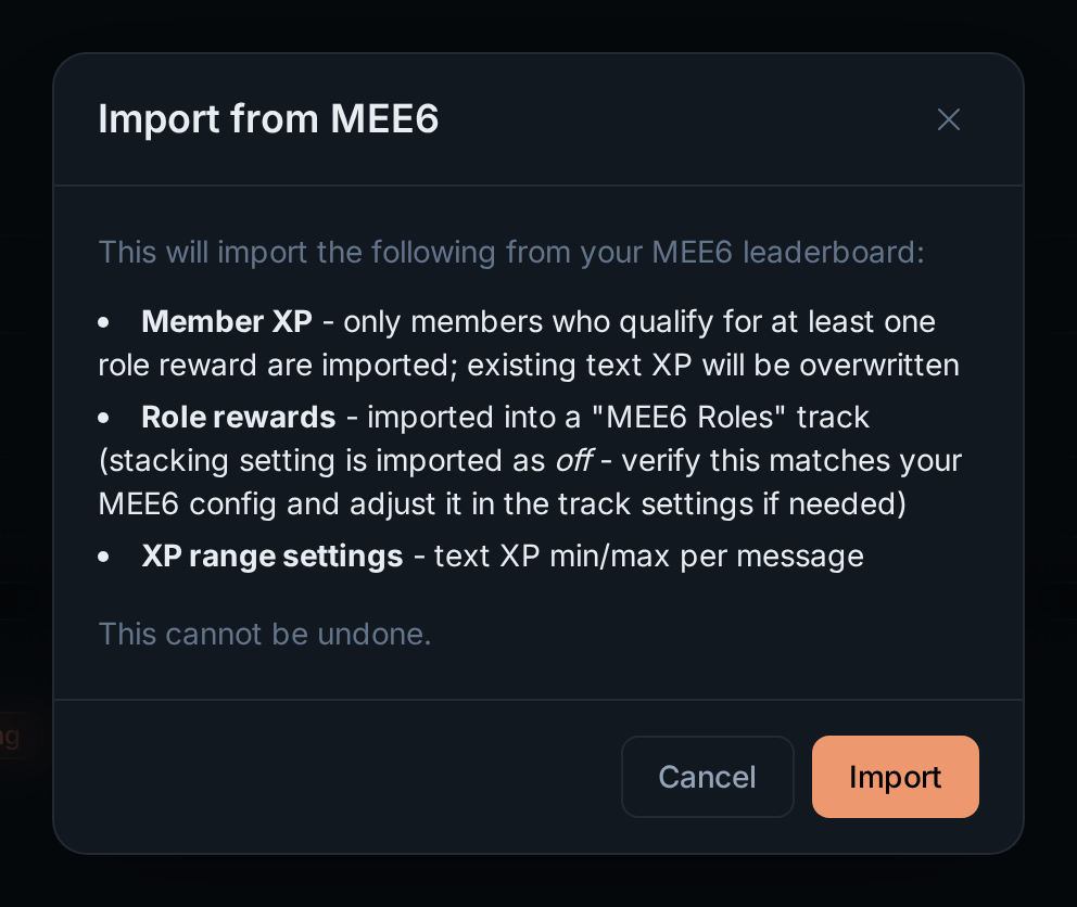 The MEE6 import confirmation