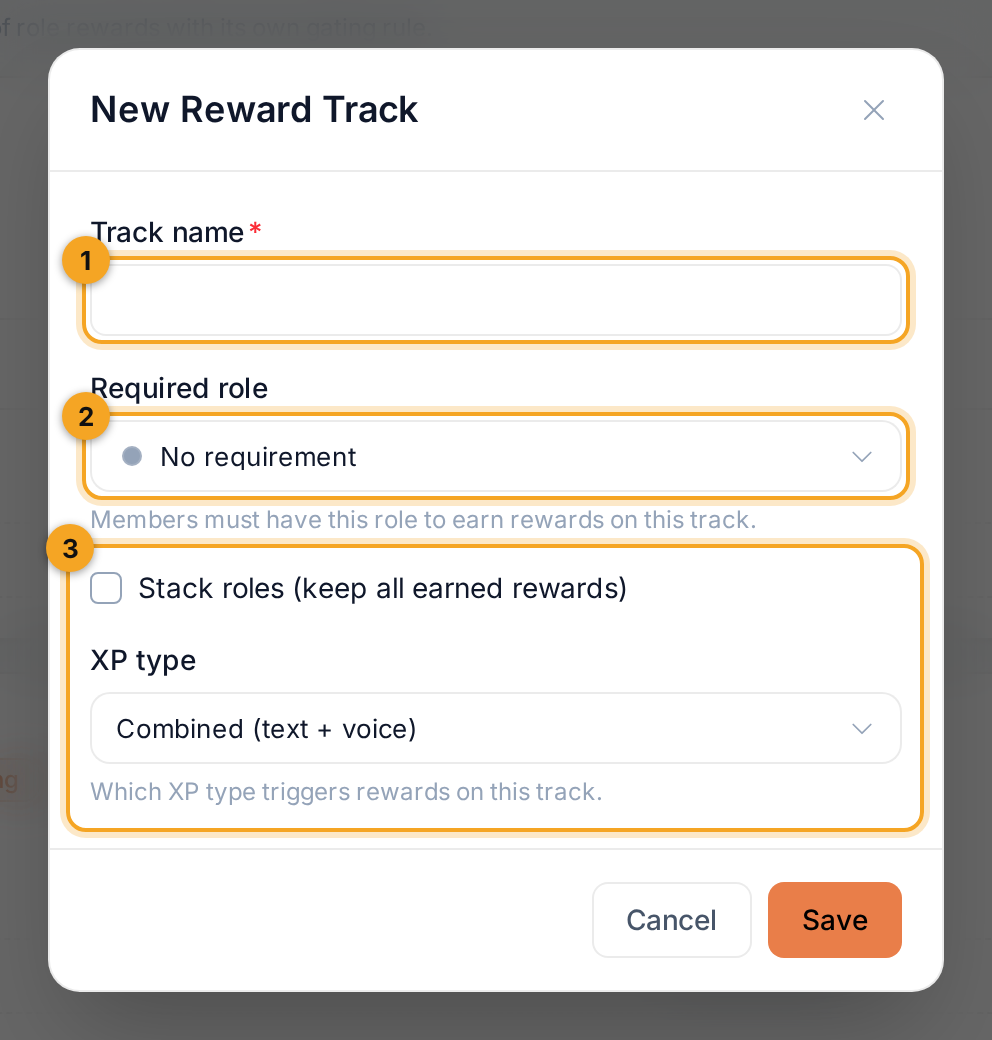 New Reward Track dialog with 3 parts numbered