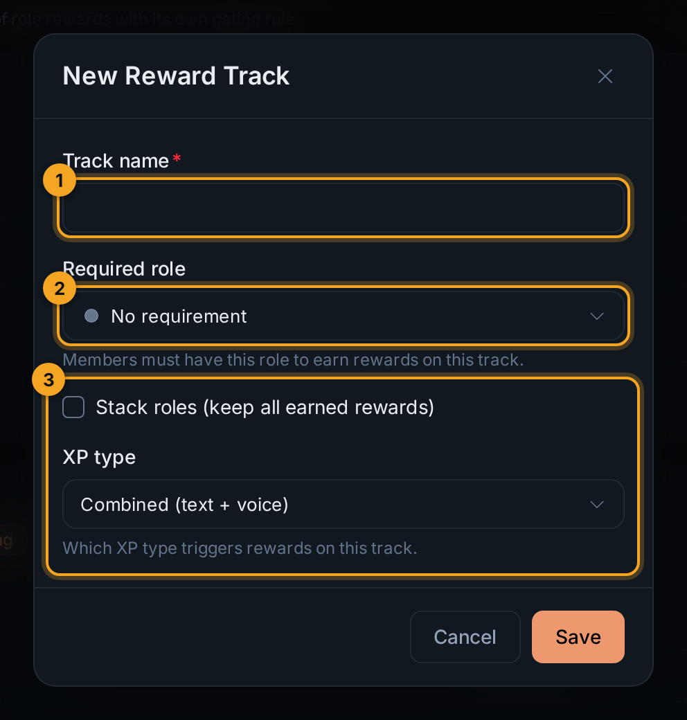 New Reward Track dialog with 3 parts numbered