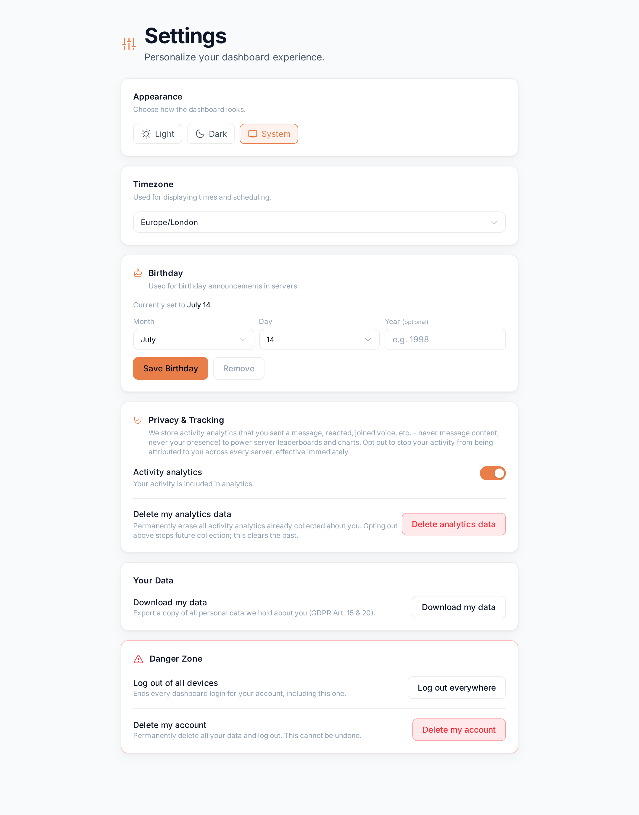 Your account Settings page