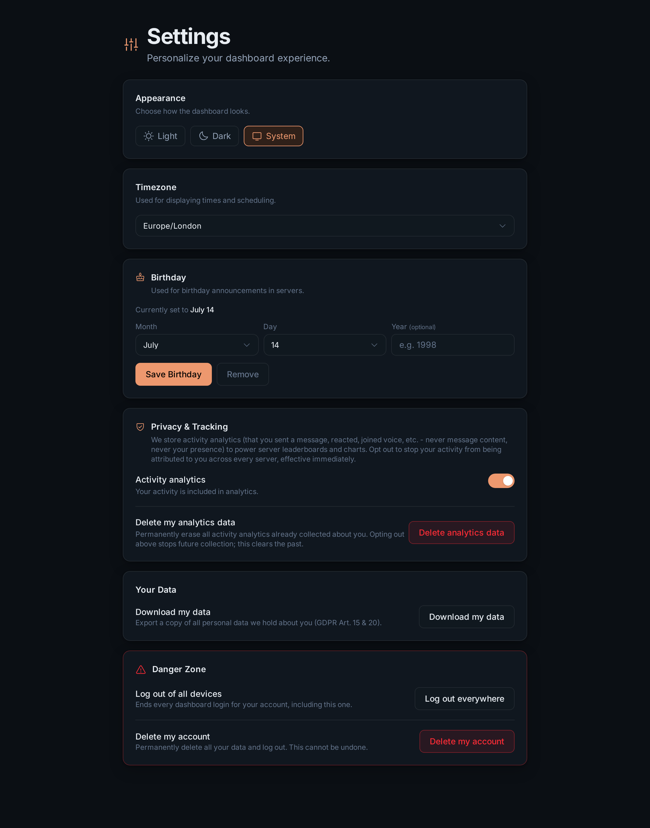 Your account Settings page
