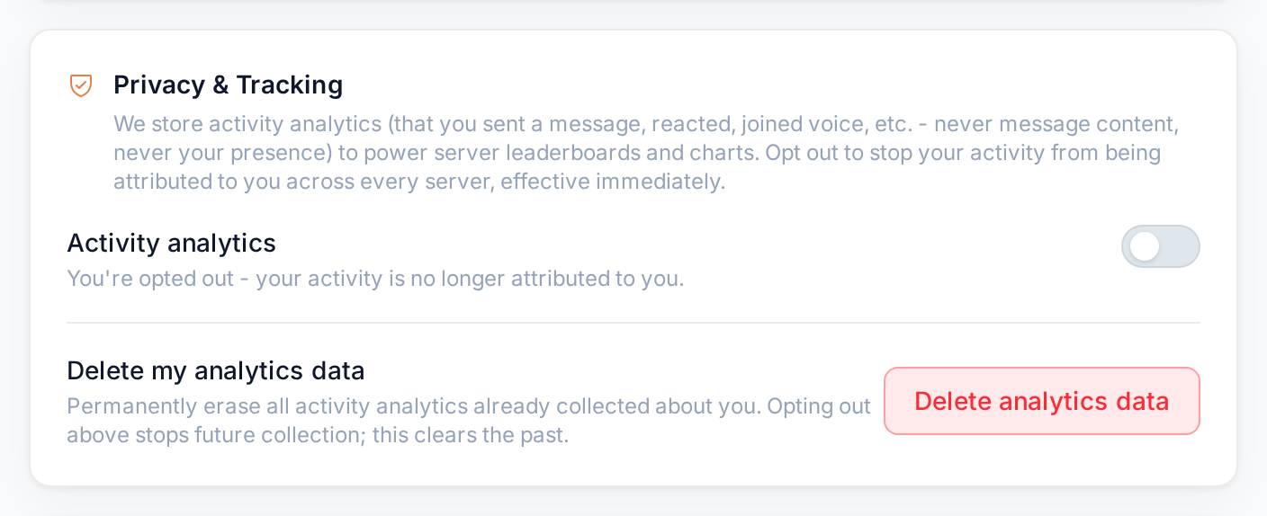 The Privacy & Tracking card with analytics turned off