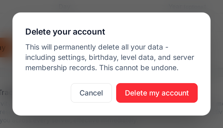 The delete account confirmation