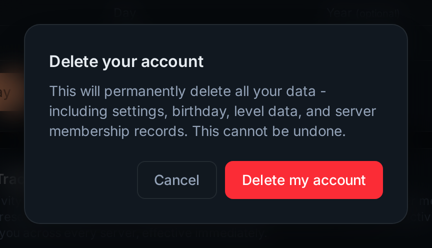 The delete account confirmation
