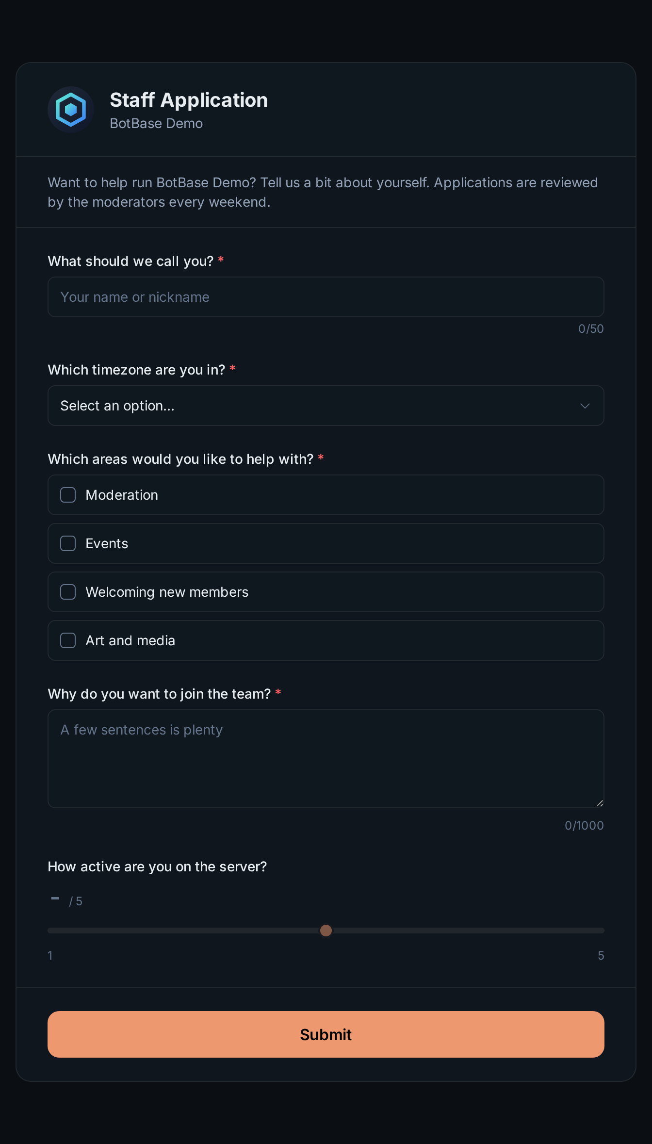 A staff application form