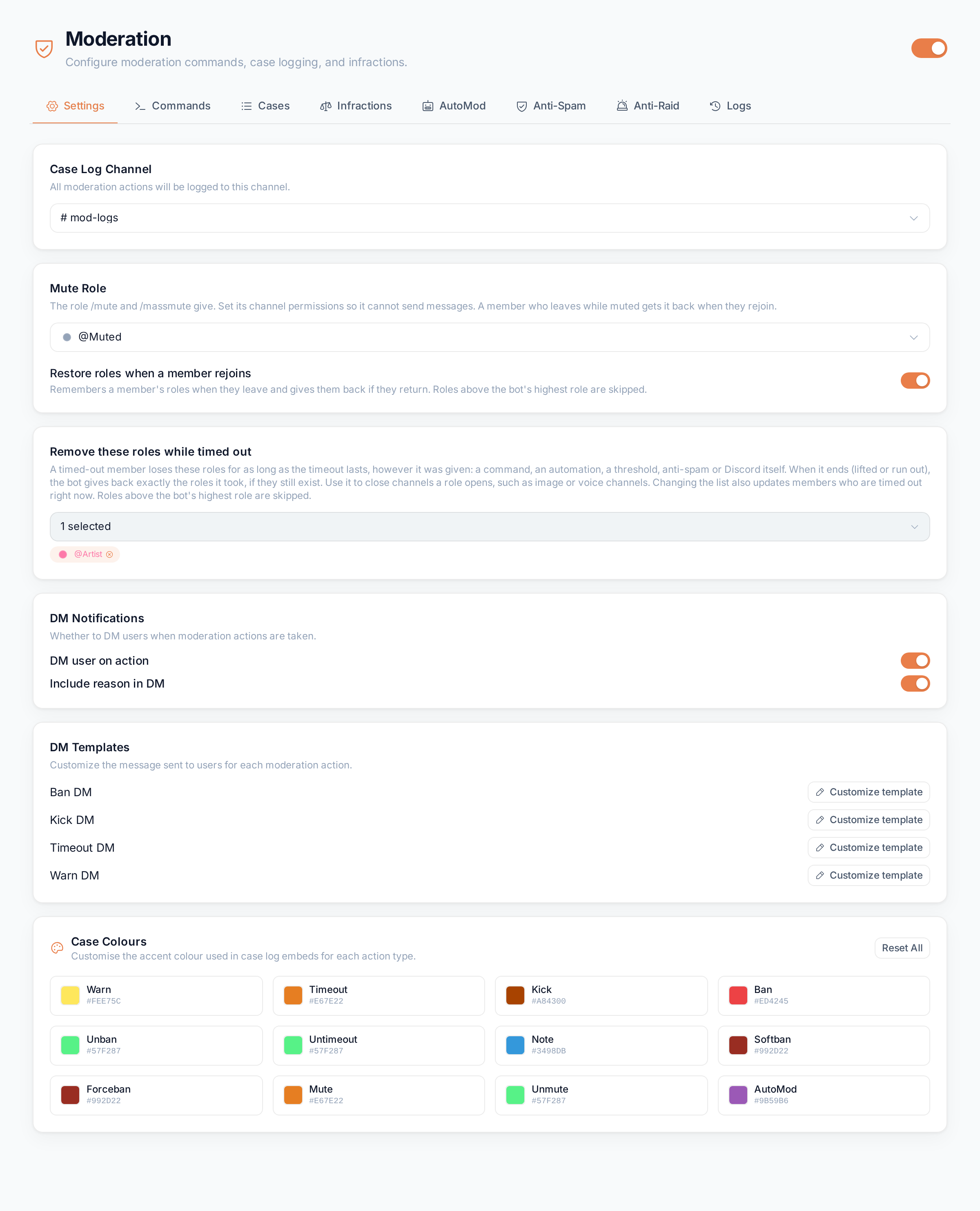 The Moderation Settings tab with the case log channel, mute role, DM options, DM templates and case colours