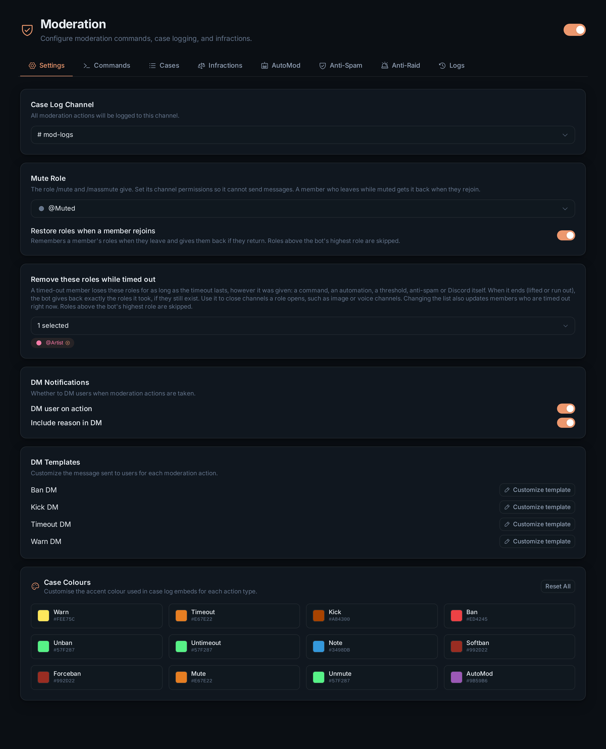 The Moderation Settings tab with the case log channel, mute role, DM options, DM templates and case colours
