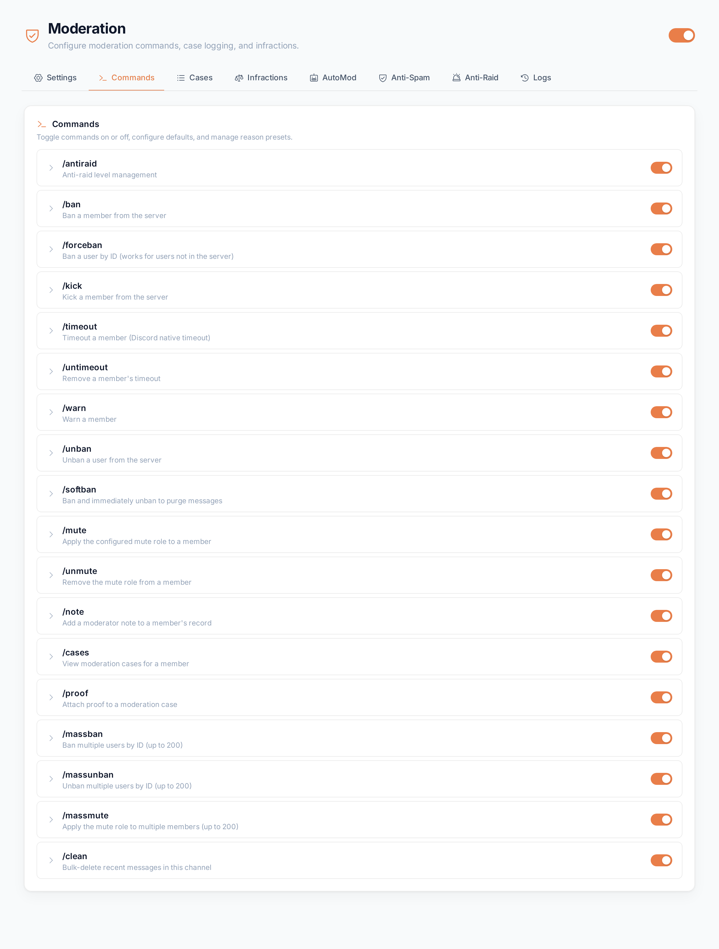 The Commands tab listing every moderation command with its on/off toggle