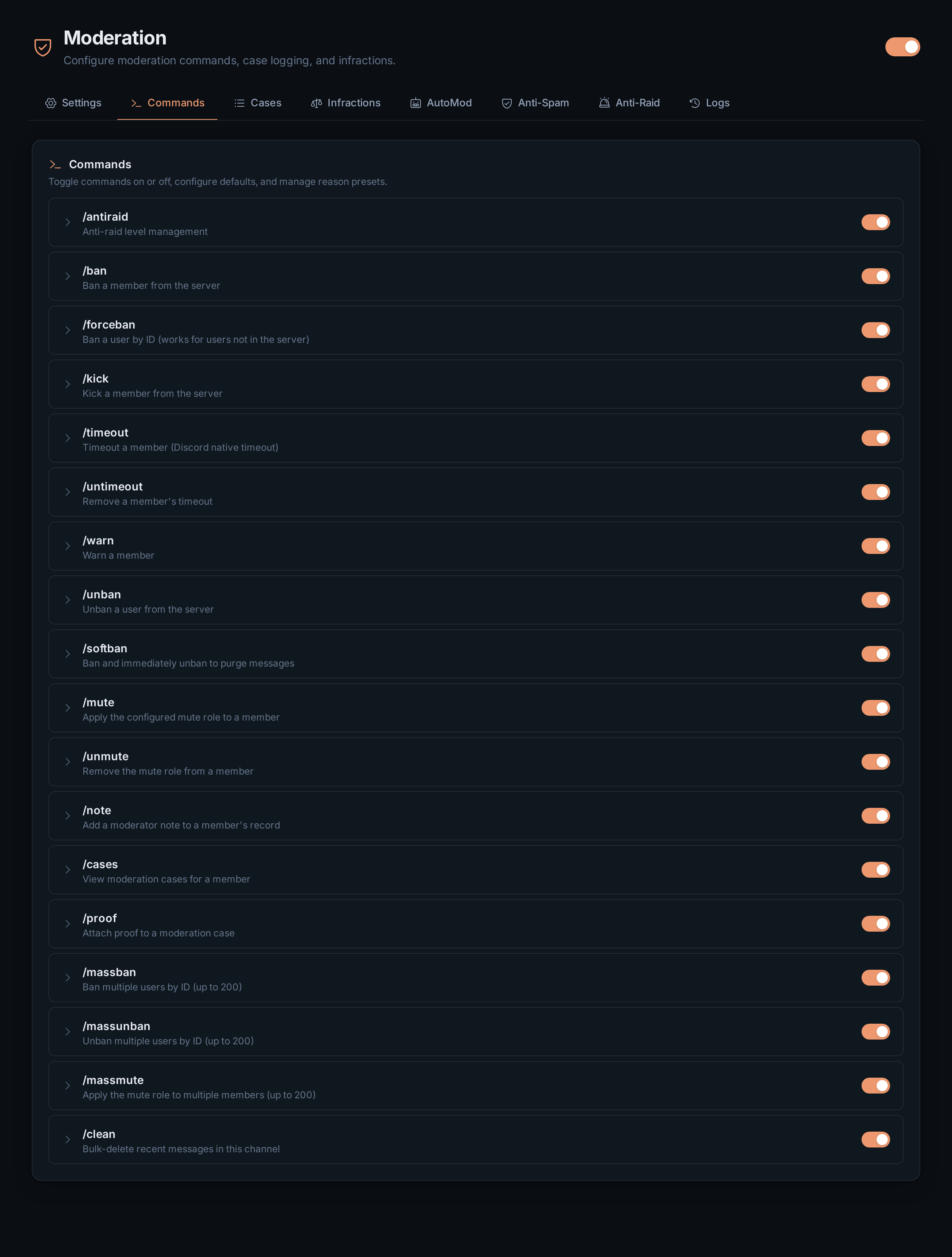 The Commands tab listing every moderation command with its on/off toggle