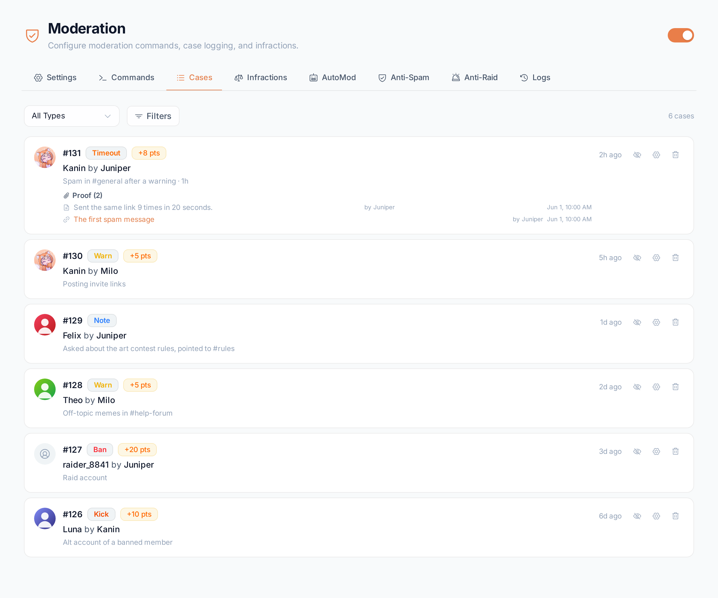 The Cases tab listing recent cases, each with its type, points, target, moderator and reason