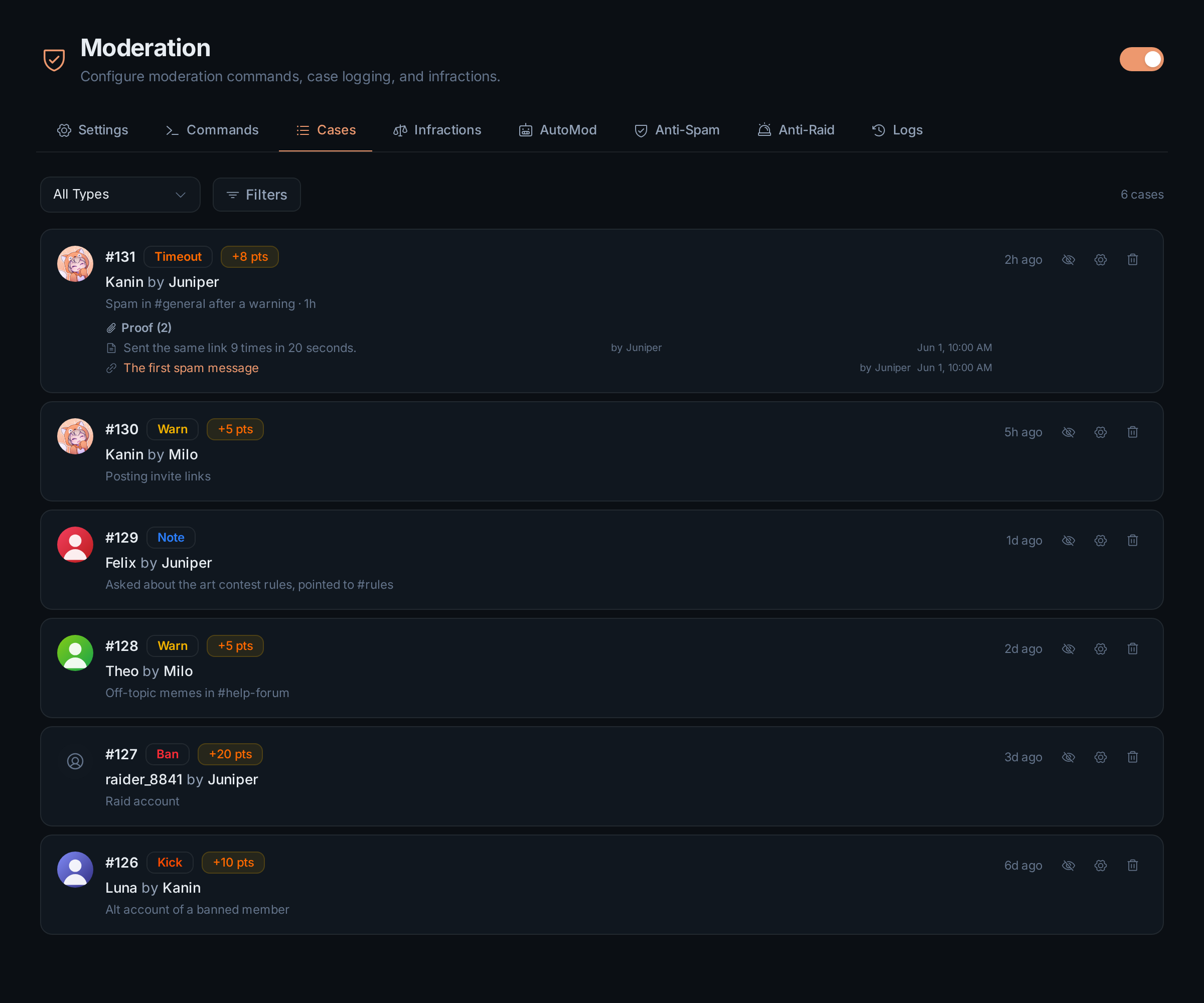 The Cases tab listing recent cases, each with its type, points, target, moderator and reason