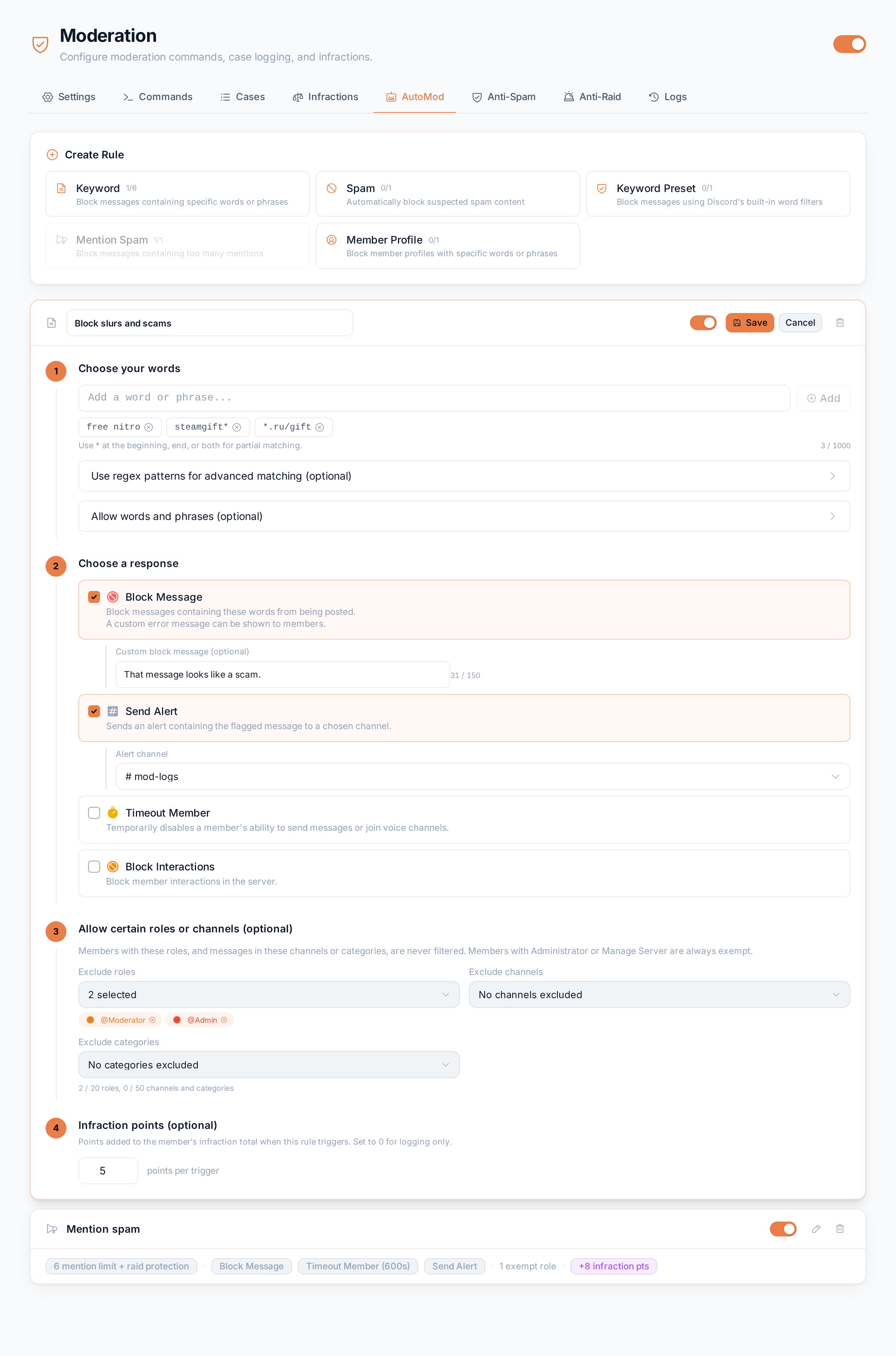 A keyword rule open in the AutoMod editor: blocked words, the block message and alert responses, exempt roles and 5 infraction points