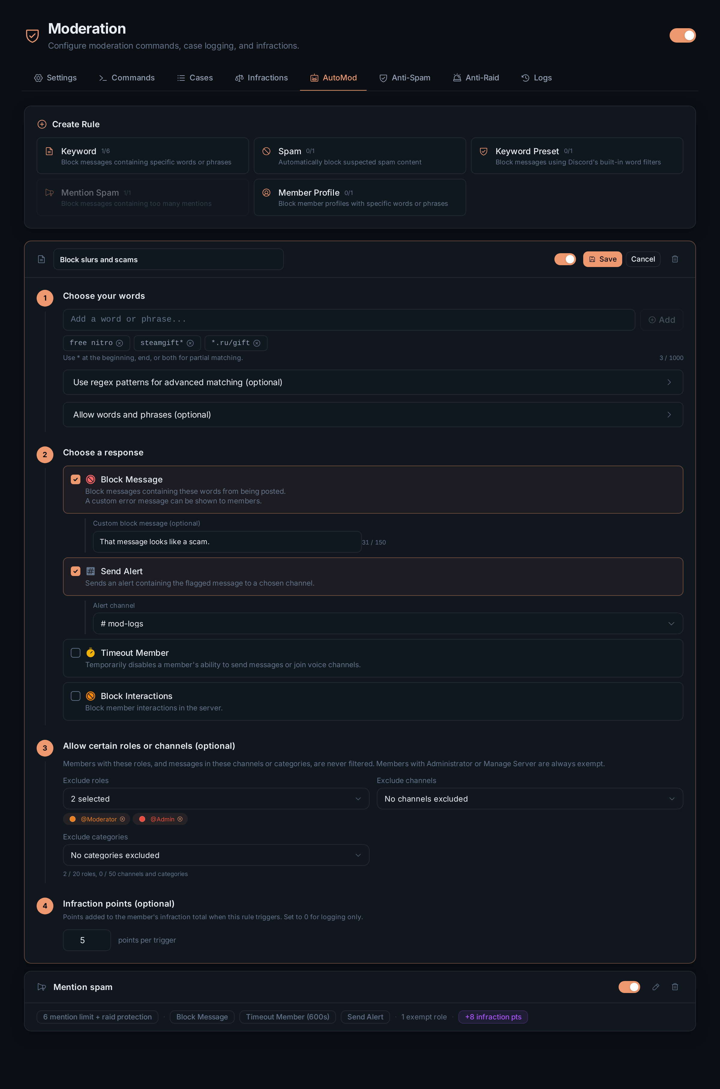 A keyword rule open in the AutoMod editor: blocked words, the block message and alert responses, exempt roles and 5 infraction points