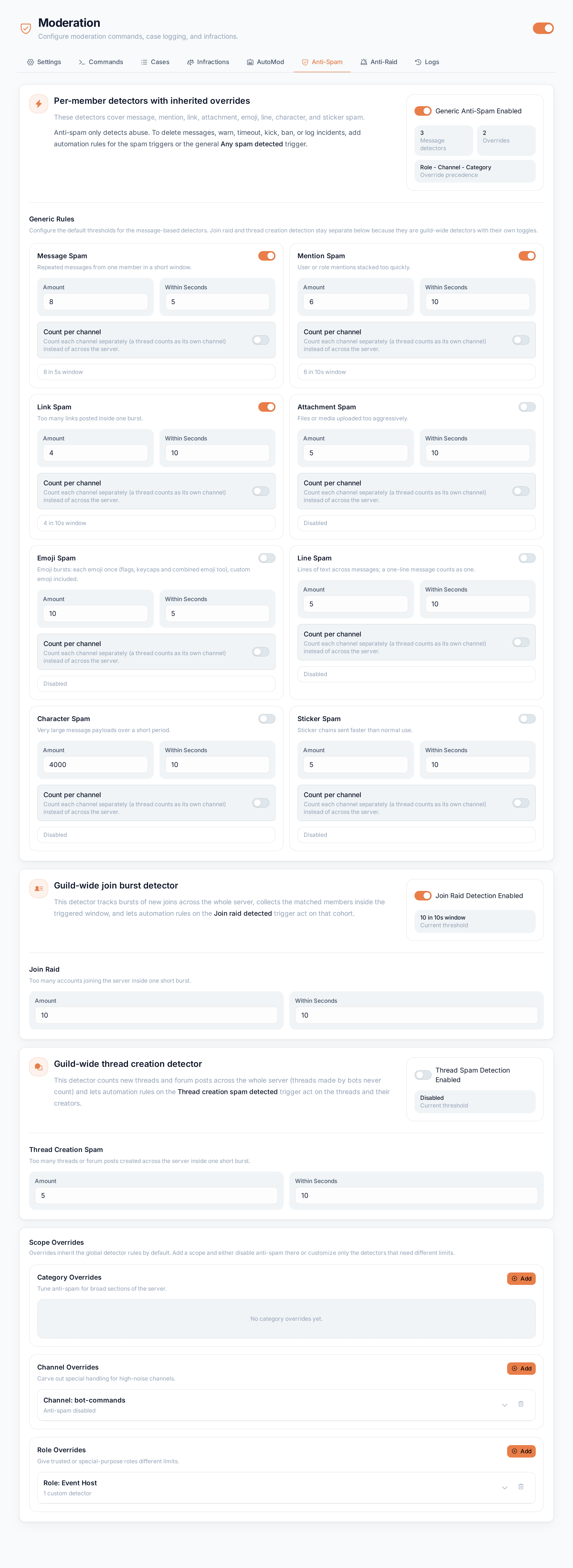 The Anti-Spam tab with the generic detectors, the join raid detector and the scope overrides