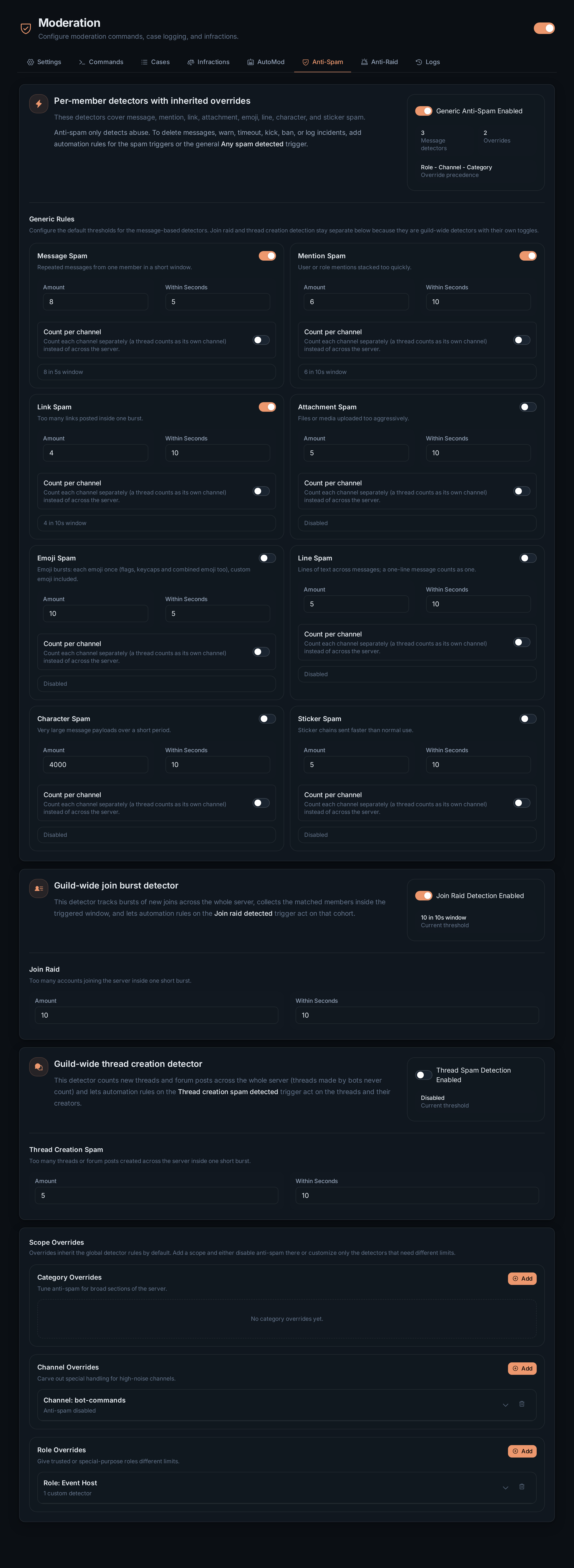 The Anti-Spam tab with the generic detectors, the join raid detector and the scope overrides