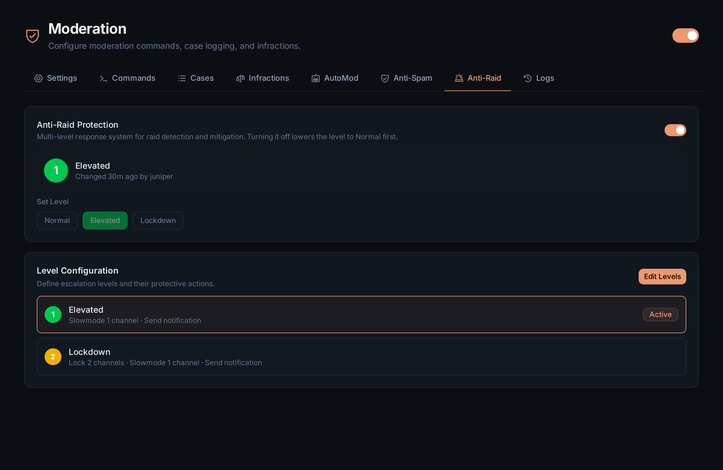 The Anti-Raid tab with protection on, the current level Elevated, the Set Level buttons and two configured levels