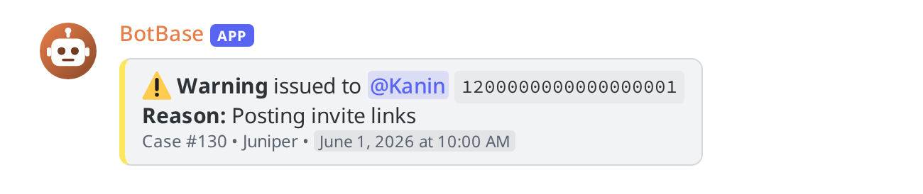 A mod log entry for a warning, with the member, the reason, the case number and the moderator